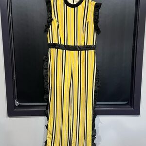 Yellow and Black Striped Jumpsuit with Ruffle Details